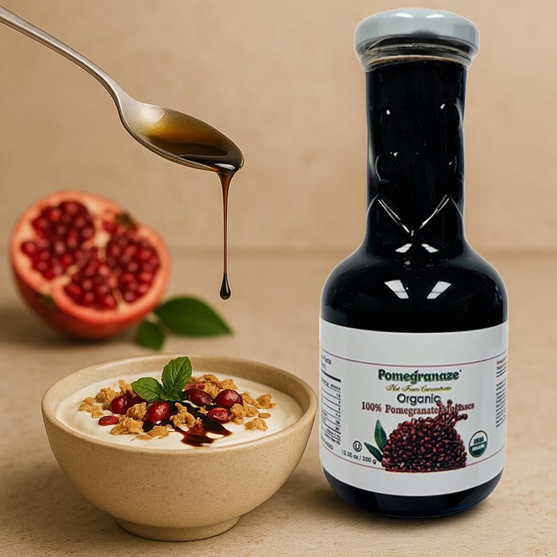 100% Organic Pomegranate Molasses 12.35 Oz Glass Bottle,(3 Pack) No