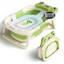 Bunwag Baby Bathtub, Collapsible Newborn Bathtub for Infant to Toddler 0-24 Months with Soft Cushion and Thermometer,Portable Travel Newborn Tub with No-Slip Feet, Baby Shower Gifts,Green