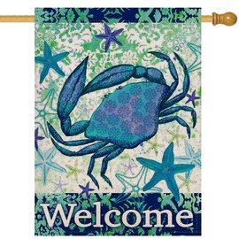 Furiaz Welcome Summer Coastal Crab Large Decorative House Flag, Beach Starfish Garden Yard Ocean Nautical Outside Decoration, Tropical Sea Seasonal Outdoor Decor Double Sided 28x40