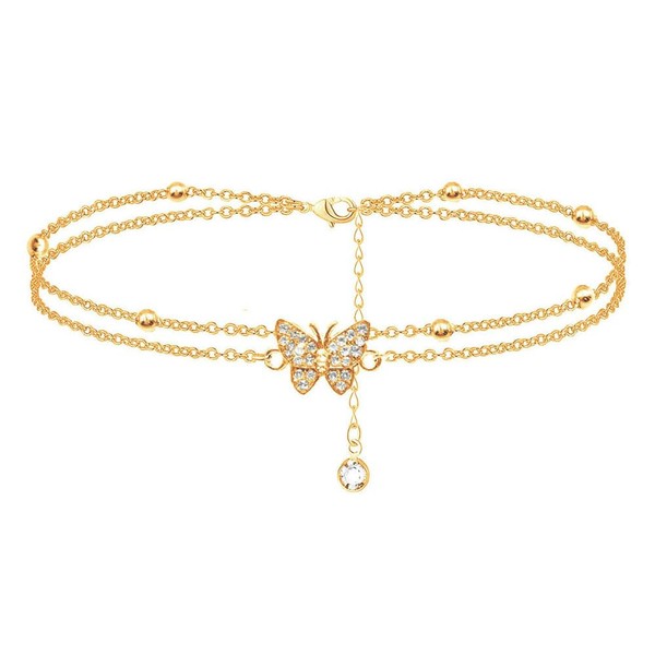 Butterfly Cubic Zirconia Dainty Link Anklet Beads Double Layered Bracelets