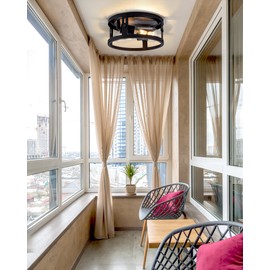 FOITTON 2 Pack Industrial Flush Mount Ceiling Light, 2-Light Black Metal Cage Ceiling Light Fixtures, Farmhouse Adjustable Ceiling Light for Hallway Kitchen Bedroom Entryway