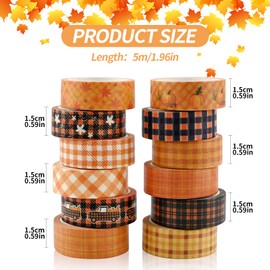 12 Rolls Fall Washi Tape Set,15mm Autumn Pumpkins Maple Leaves Patterned Decorative Masking Tapes for Fall Thanksgiving Christmas Holiday Arts Craft Tape DIY Scrapbooking Gift Wrapping Decorations