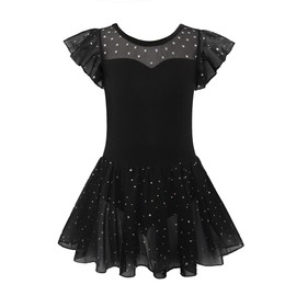 EQSJIU Elegant Black Kids Leotards Gymnastics Toddler Shiny Skirt and Sleeves Dance Leotards Criss-Cross Back Design 7-8 Years