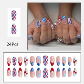 24 Pcs French Tip Press on Nails Medium Almond Fake Nails 4th of July False Nails with Star Cherry Pattern Design Gel Nails Press ons Patriotic Nails Acrylic Glue on Nails Artificial Nails for Women