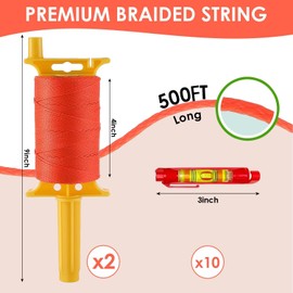 2PCS Mason Line String, #18 500 Feet Braided Construction Nylon Line with 10 Built-in Levels, String Level Line Kit for Precision Work, DIY, and Gardening Projects (Orange)