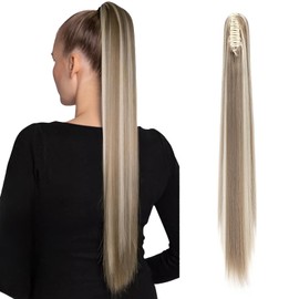 TESS Ponytail Clip Extensions, 66 cm Straight Ponytail Hairpiece, Ash Blonde Balayage Hair Extensions for Braid, Synthetic for Women