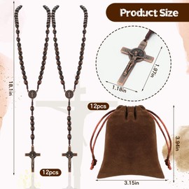 Equsion 12 Set Wooden Bead Rosary Necklace Catholic Rosary Wood Carved Beads with Jesus Cross Our Father Solid Wooden Rosary Beads with Velour Gift Pouch Baptism Favors Catholic Gift (Dark Coffee)