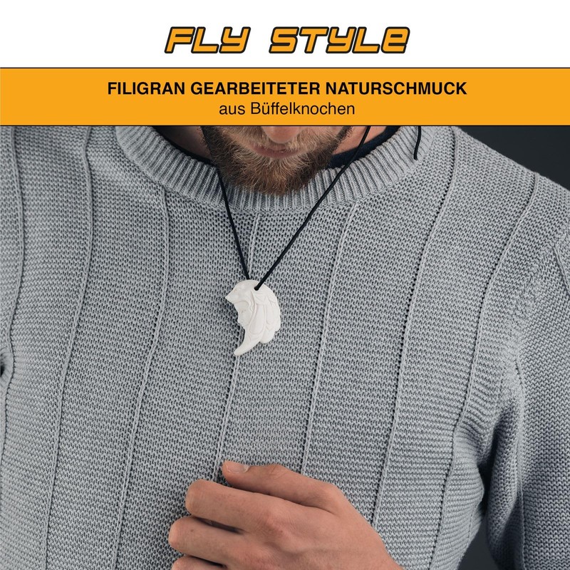 Fly Style Necklace pendant made of bone, shaman with wolf,