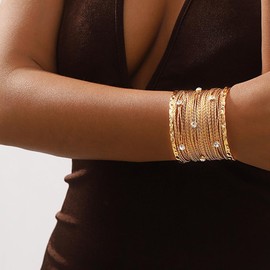 GIGB PBDK Chunky Gold Bangle Bracelets for Women Exaggerated Wide Wire Cuff Bracelets Multilayer Cubic Zirconia Open Bangles Trendy Punk Jewelry Accessories (Gold)