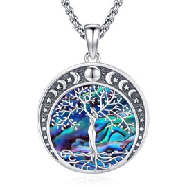 Eusense Triple Moon Goddess Necklace Tree of Life Necklace 925 Sterling Silver Jewelry Star Moon Phase Crescent Pendant Necklace for Men Women Witchcraft Witch Jewelry Abalone Shell