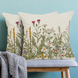 AEIOAE Sage Green Pillow Covers 18x18 Inch Set of 2, Spring Wildflower Plant Throw Pillows Case,Seasonal Floral Outdoor Decorative Flowers Farmhouse Decor Cushion Covers for Home Sofa Bed Couch