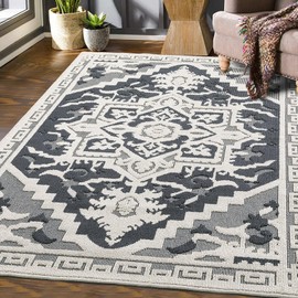 8x10 Area Rug, Medallion Floral Front Door Mat, Vintage Textured Rugs for Living Room, Bedroom Decor Non Slip Throw Rug, Non-Shedding Kitchen Rug, Home Decor Carpet, Accent Rug for Office, Grey