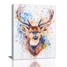 Fleruku Watercolor Deer Wall Art Colorful Elk Wall Decor Antlers Pictures Animal Canvas Painting Artwork Home Decorations for Living Room Bedroom Bathroom Office Nursery Classroom 12"x16"
