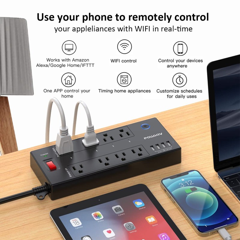 POWSAV 6 Ft WiFi Surge Protector - 8 Outlet Extension