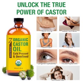Seven Minerals New 16 fl oz Glass Bottle Castor Oil Organic Cold Pressed Unrefined Glass Bottle Pack - 100% Pure USDA Certified Organic Hexane Free