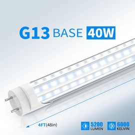 JESLED 4FT T8 LED Tube Light - 40W(96W Equiv) 5200LM 6000K Cool White, D-Shaped, Type A+B Mode Ballast Bypass or Plug & Play, Double-End Power, F40T12 Replacement Fixtures in Warehouse/Garage (12Pack)