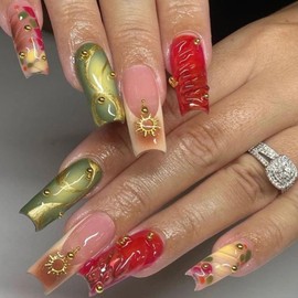 QQPPOLIU Press on Nails,3D Nails Long Press on Nails Square Fake Nails with Design (Red&Cherry Blossom)