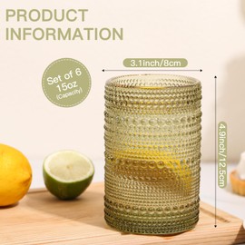 JOVGANK Green Vintage Hobnail Drinking Glasses Set of 6, Embossed Water Tumbler 15oz, Kitchen & Bar Beaded Highball Glasses, Beverage Glass Cups for Water, Beer, Juice, Cocktail Glassware, Green
