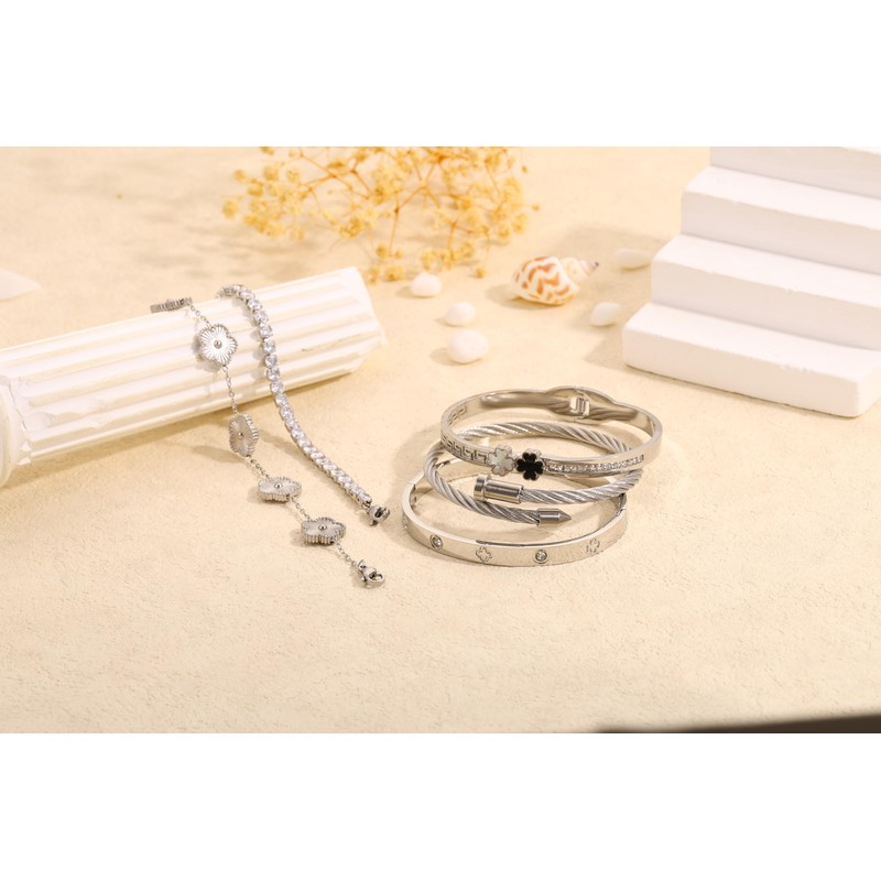 Camhanno Silver Bangle Bracelets for Women - Stainless Steel Stackable
