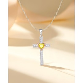Calliora Birthstone Cross Necklace for Women, 925 Sterling Silver Heart Cross Pendant Necklace, Fine Cross Jewelry Birthday Gifts for Her, 18"+2" Inches