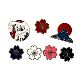 7 Piece Pin Set Japanese Cherry Blossom Pin Mount Fuji Pin Wave Pin Cherry Flowers Brooch, Stainless Steel