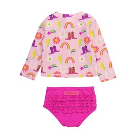 RuffleButts Baby/Toddler Girls Long Sleeve Rash Guard 2 Piece Swimsuit Set w/UPF 50+ Sun Protection with Zipper - Cowgirl Cutie, 18-24m