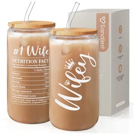 SANDJEST Wife Glass Can, Wifey Cup with Lid & Straw, Iced Coffee Aesthetic Cups, Idea Gift for Christmas Marriage Birthday Anniversary Valentine, Gifts for Women, 16oz