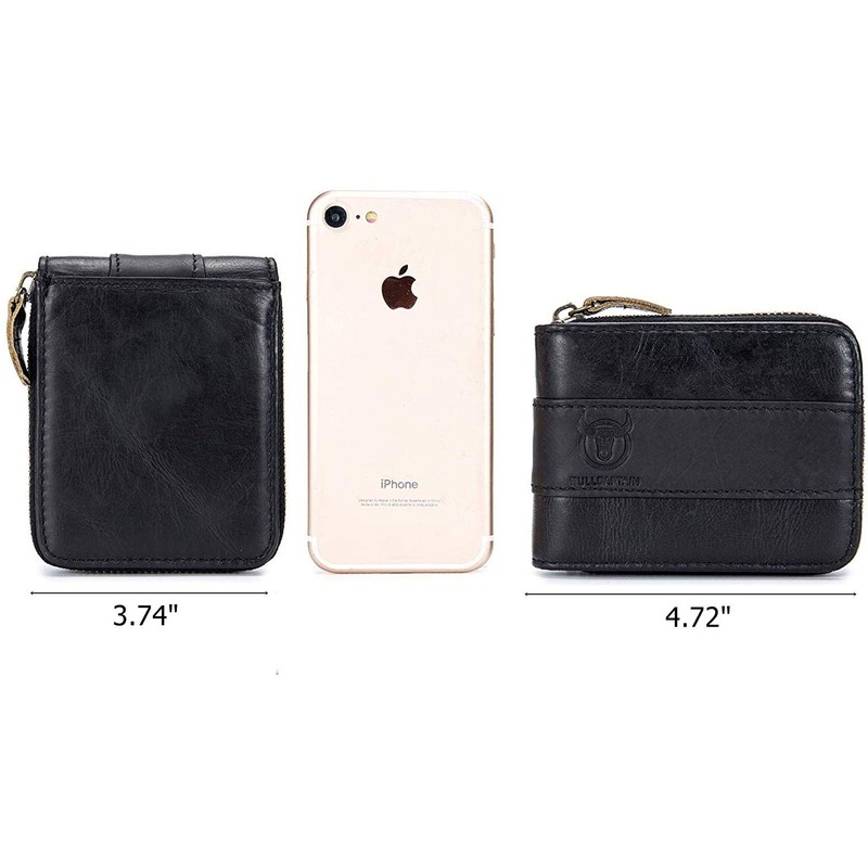 BULLCAPTAIN Mens Leather Wallet Zipper RFID Blocking Wallets Coins Purse