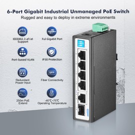 YuLinca 6 Port Gigabit Industrial DIN-Rail PoE Switch, 4 x 100/1000Mbps PoE Ports, IEEE802.3af/at PoE+, 1 Gigabit Uplink, 1 Gigabit SFP, Metal DIN-Rail & Wall Mount Ethernet Switch