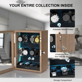 XTELARY Watch Winder, Wood Color Lockable Automatic Winders for 8 Automatic Watches with Extra 4 Watch Storages, 4 Rotation Modes, Flexible Watch Pillows, Quiet Mabuchi Motor, and Blue Backlight
