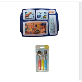 Toddler Kids Dino Grub Club 5 Sections Food Plate Meal Dinner Tray Bundled with Tiny Steps Cutlery Set
