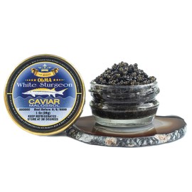 OLMA White Sturgeon Caviar - Glossy Golden Pearls - Malossol Fish Roe With Pure Sea Salt - Smooth Flavor & Mouthfeel - Superior Grade Fresh & Tasty Gourmet Fish Eggs - 1 oz (28g) Glass Jar
