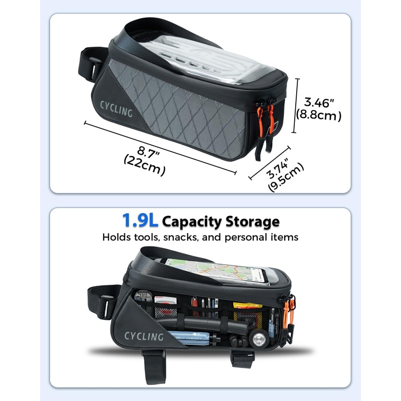 Bike Phone Bag, Waterproof Bicycle Top Tube Phone Front Frame
