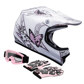TCT-MOTORPARTS Pink Butterfly Girl DOT Kids Youth Motocross Helmets ATV Off-Road Dirt Bike Motorcycle Full Face Helmet+Gloves+Goggles Medium
