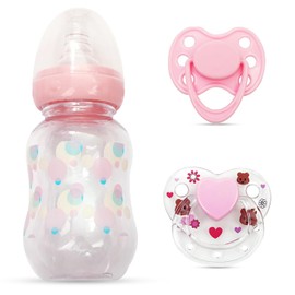 Juego de 2 chupete y biberón de estilo rosa con accesorios de muñeca de bebé más seguros (viene con un chupete magnético extra rosa)
