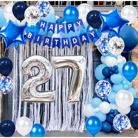 Fechy 27th Birthday Party Decoration Blue for Him, Happy Birthday Banner Blue Number 27 Birthday Star Foil Balloons Latex Confetti Balloons for Men Him 27 Years Old Birthday Supplies(27th)