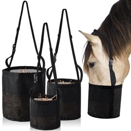 Locmeo 3 Pcs Horse Feed Bag Heavy Duty Mesh Horse Feeder Breathable Grain Bag Mesh Horse Feed Bucket with Adjustable Strap and Waterproof Bottom, Black, 3 Size