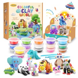 Drama Planet Air Dry Clay Kit for Kids - Comes with Instructional Guide Featuring 4 Scenes & 26 Projects Tutorials, 18 Cans of Modeling Clay, Includes Display Stand, Gift for Girls and Boys