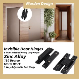 Riyhch 6 inch Hidden Door Hinge, Invisible Door Hinges with 180 Degree Matte Black Swing Hinge, 3 Way Adjustable Butt Concealed Heavy Duty Hinges (Zinc Alloy)