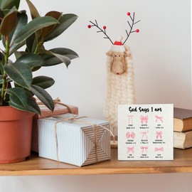 OVAcational Pink Coquette Christian Bow Wooden Signs,Pink God Says I Am Wooden Box Sign,Coquette Room Decor,Preppy Bow Bible Verse Decor For Room Bedroom Desk Tabletop Shelf Decoration 5x5 Inches