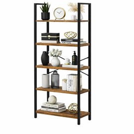 Librero pequeño Industrial con 5 repisas de Madera y Marco metálico, 5 estantes organizadores Tipo Shelf para organizacion hogar y Decoracion Sala - E