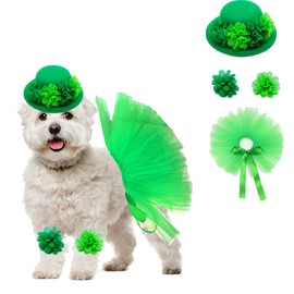 St Patrick's Day Costume For Female Dog Cat 4pcs Hat, Skirt, Footflower, Collar With Clover Pattern Adjustable For Small Medium Dogs Cats (4pcs Female Green Set)