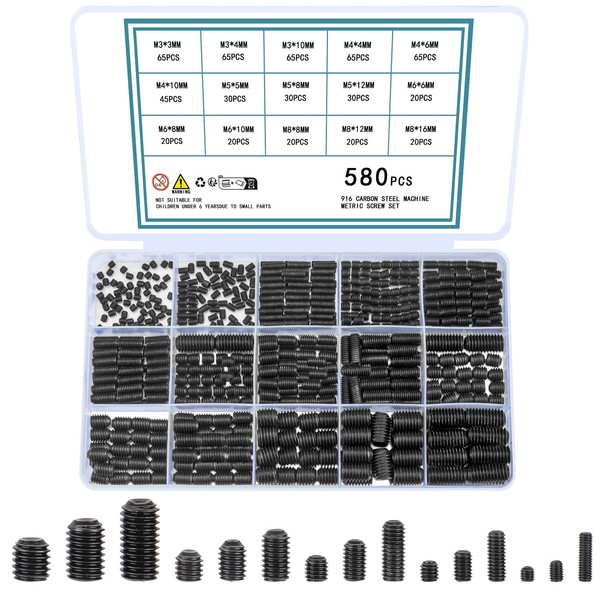 QOOSIKICC 580pcs Set Screws, M3 M4 M5 M6 M8 Set