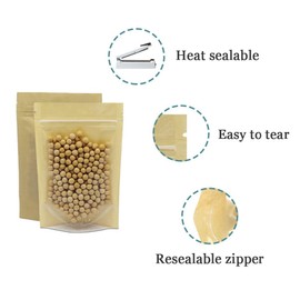 PABCK Clear Front Stand Up Airtight Brown Kraft Paper for Zip Food Storage Lock Bags Reclosable Seal Closure Zipper Resealable Heat Seal Pouch Coffee Snack Packaging (50, 6.3x9.5inch (16x24cm))