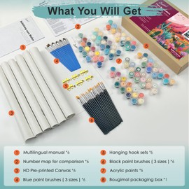 Bougimal 6 Pack Paint by Numbers Kit for Adults Beginners, 12" W x 16" L Sunset Lake Mountains DIY Acrylic Paint Set on Canvas Without Frame in Box, Adults Paint by Numbers Kits for Home Wall Decor