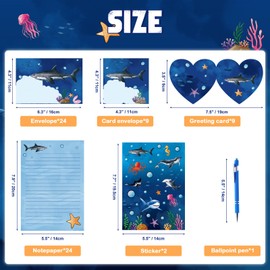 WERNNSAI Kids Stationery Set - 69 PCS Shark Boys Stationery Set Teens Blue Paper Letter Writing Set Stationery Writing Sheets with Envelopes Greeting Cards School Shark Boys Gift Set