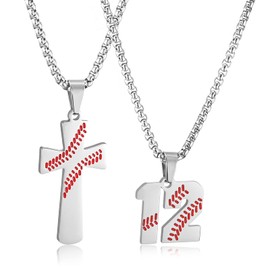 RWQIAN Baseball Necklace for Boys Baseball Number Pendant Necklace Stainless Steel Men Baseball Cross Necklace and Number 12 Chain Set Jewelry Gift