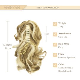 Gairyan 30 cm Ponytail Hairpiece Braid Extensions Long Curly Claw Clip-In Ponytail Extensions Synthetic Hair Extensions Wavy Hairpiece Hair Extension (Sandy Blonde & Bleached Blonde)