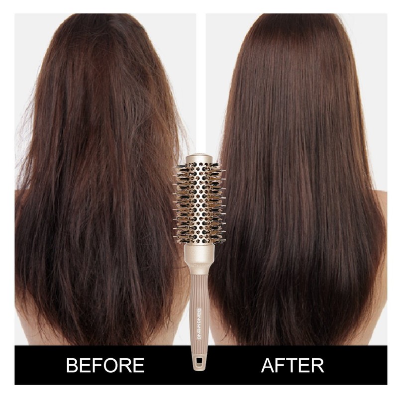 BANGMENG Round Barrel Anti-Static Hair Brush with Boar Bristles, Nano