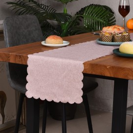 Winotic Pink Table Runner 13 x 108 Inches Long, Cotton Linen Farmhouse Scallop Style Pink Table Linen for Kitchen Dining Coffee Table Parties Wedding Home Decor (13” x 108”, Pink)